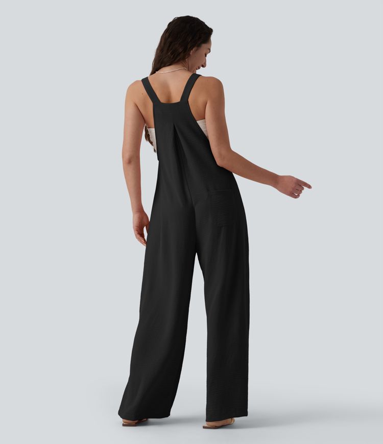 Adjustable Straps Pleated Linen-Feel Resort Overalls with Pockets