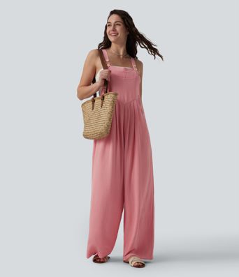Adjustable Straps Pleated Linen-Feel Resort Overalls with Pockets