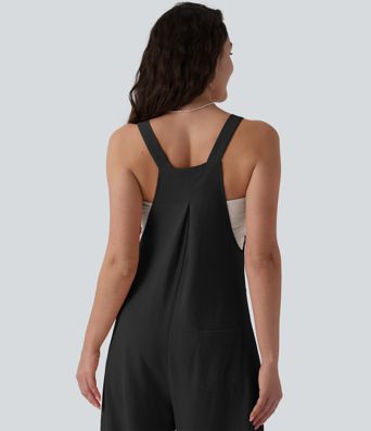 Adjustable Straps Pleated Linen-Feel Resort Overalls with Pockets