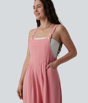 Adjustable Straps Pleated Linen-Feel Resort Overalls with Pockets