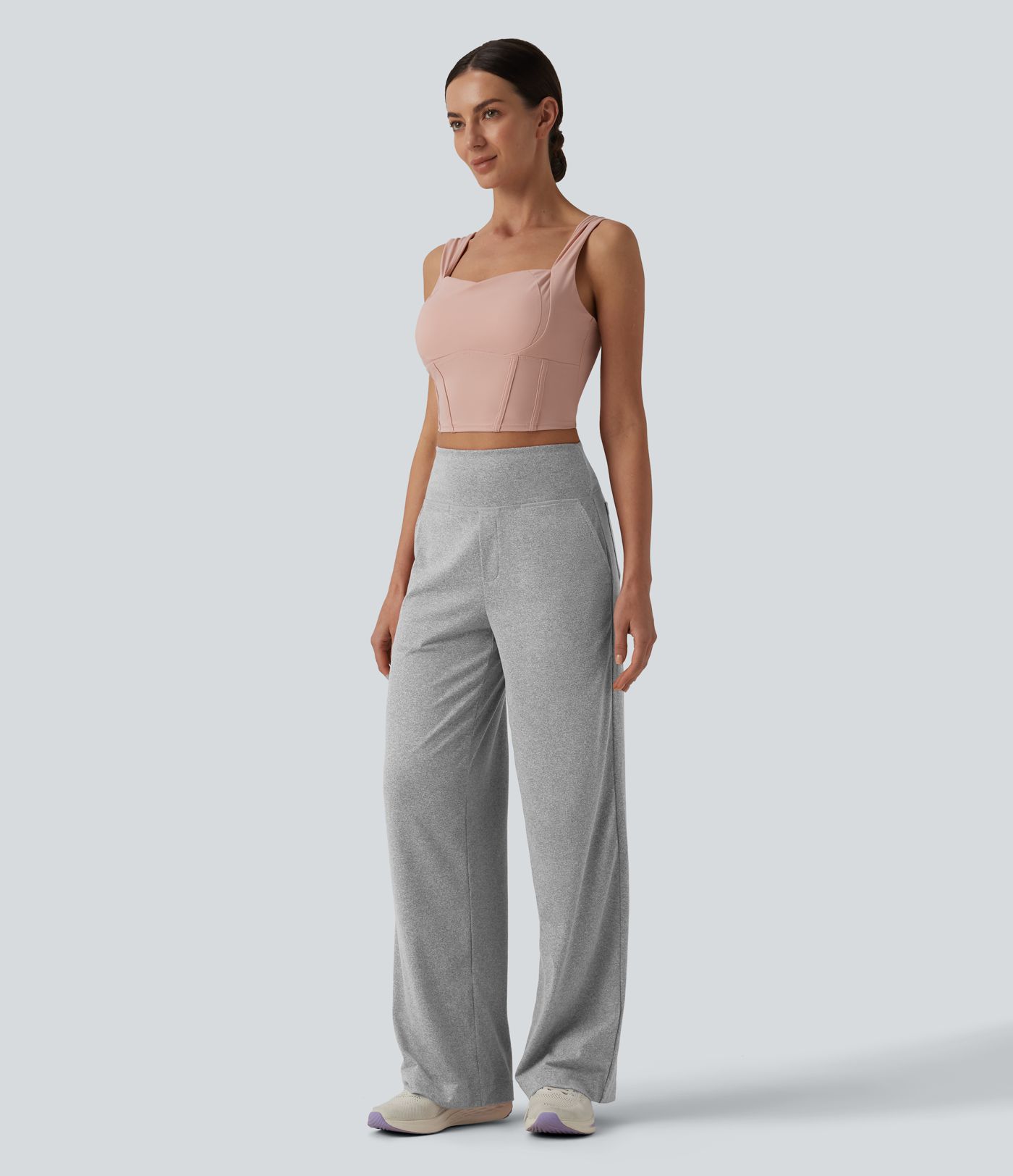 High Waisted Straight Leg Yoga Heathered Trousers with Pockets