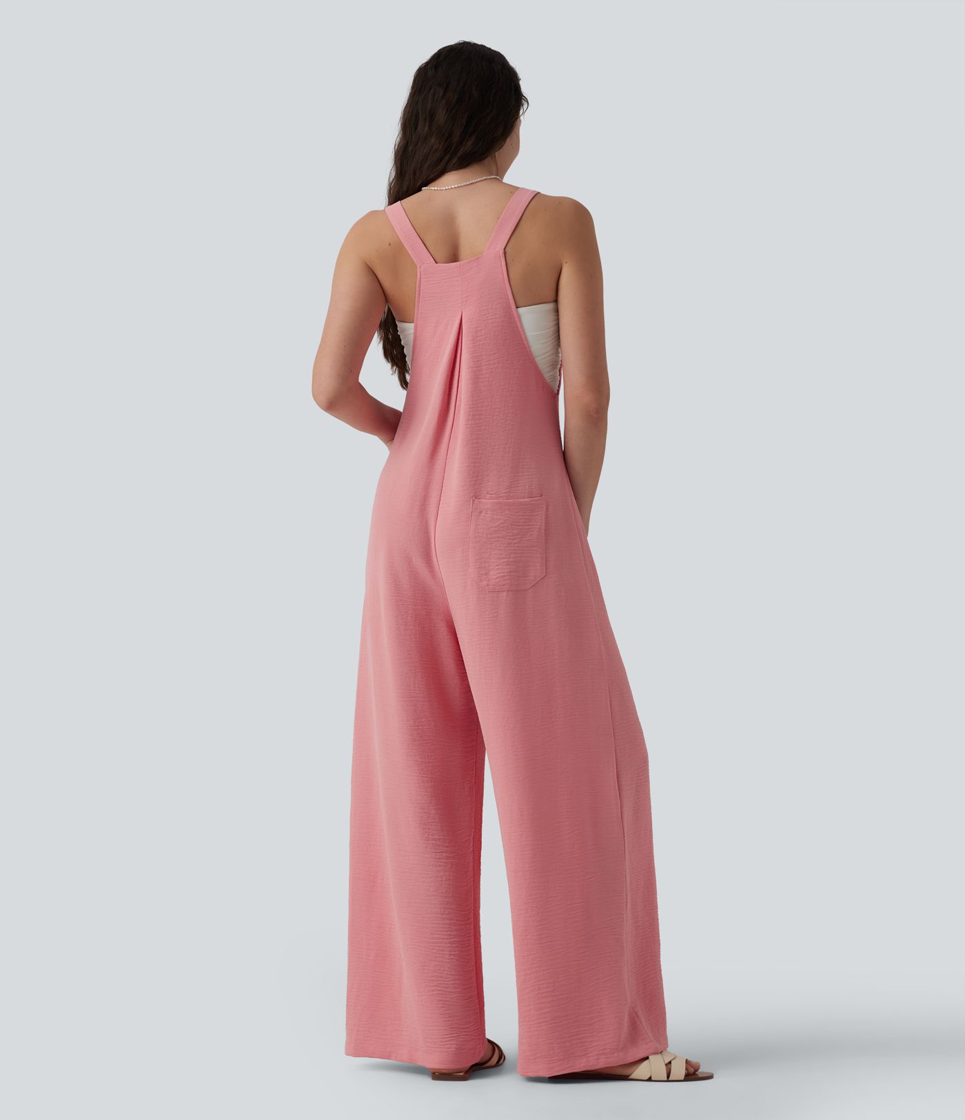 Adjustable Straps Pleated Linen-Feel Resort Overalls with Pockets