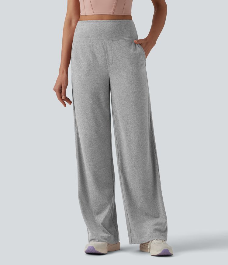 High Waisted Straight Leg Yoga Heathered Trousers with Pockets