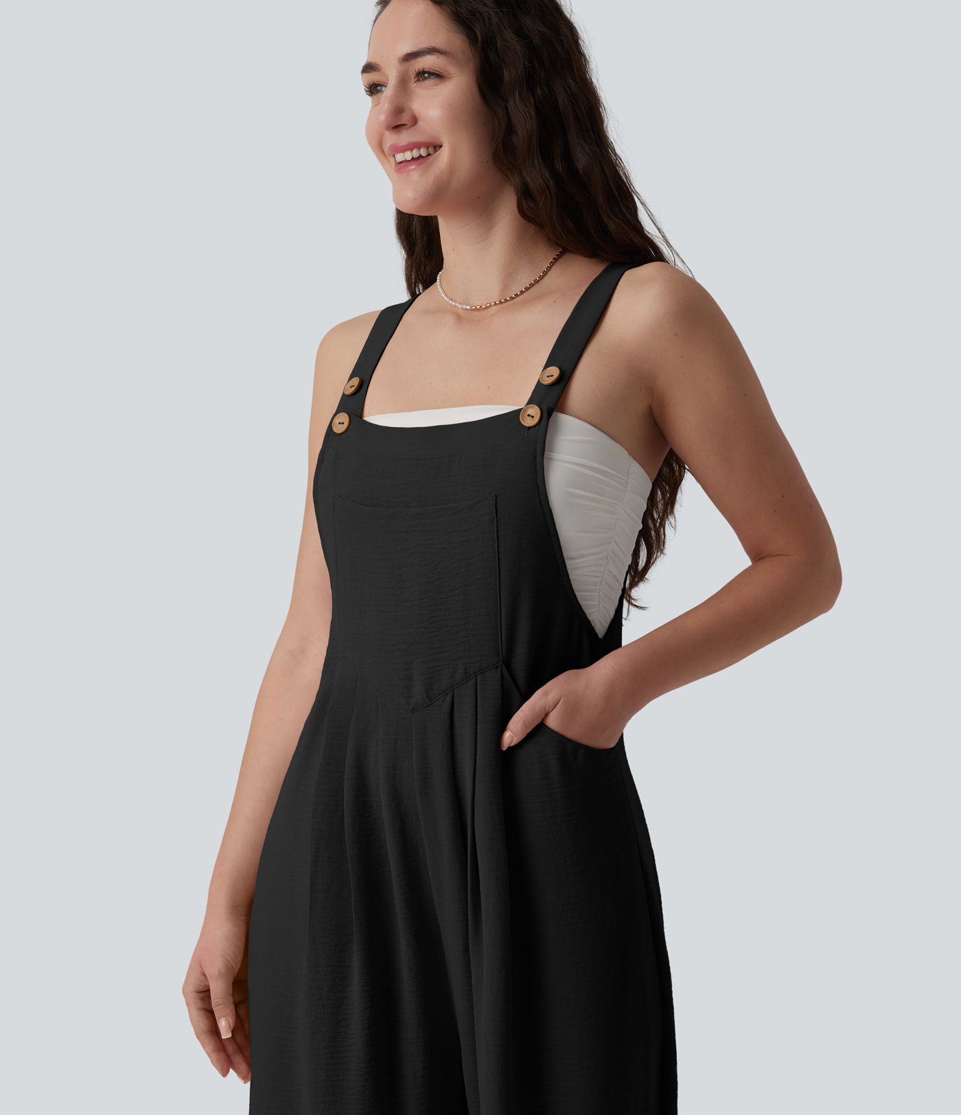Adjustable Straps Pleated Linen-Feel Resort Overalls with Pockets