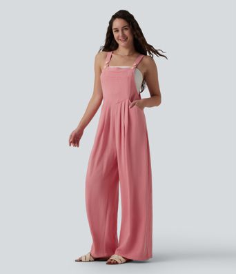 Adjustable Straps Pleated Linen-Feel Resort Overalls with Pockets