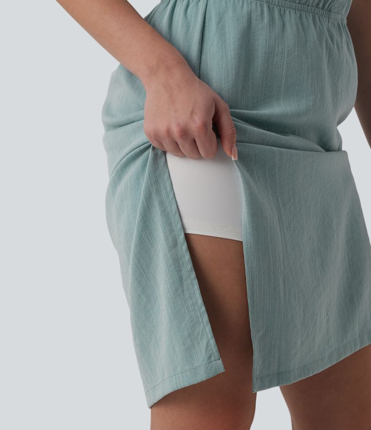 Short Sleeve 2-Piece Midi Work Linen-Feel Shirt Dress