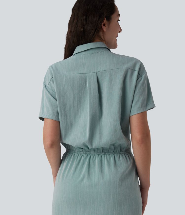 Short Sleeve 2-Piece Midi Work Linen-Feel Shirt Dress