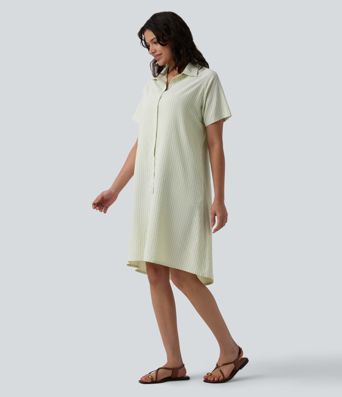 Collar Short Sleeve Stripes Print Midi Casual Shirt Dress with Pockets