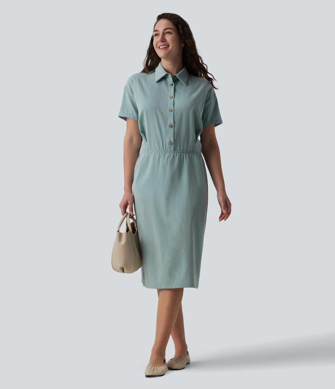 Short Sleeve 2-Piece Midi Work Linen-Feel Shirt Dress