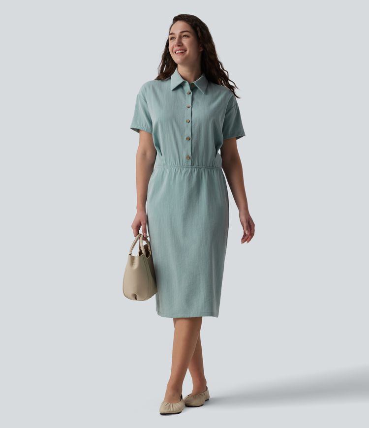 Short Sleeve 2-Piece Midi Work Linen-Feel Shirt Dress