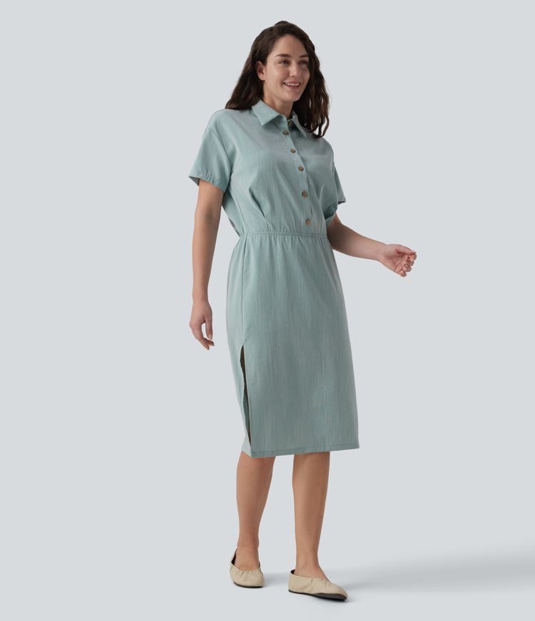 Short Sleeve 2-Piece Midi Work Linen-Feel Shirt Dress