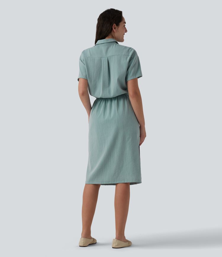 Short Sleeve 2-Piece Midi Work Linen-Feel Shirt Dress