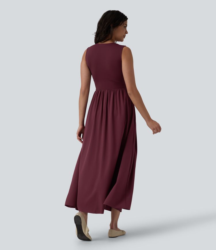 Ärmelloses, fließendes Maxikleid mit V-Ausschnitt