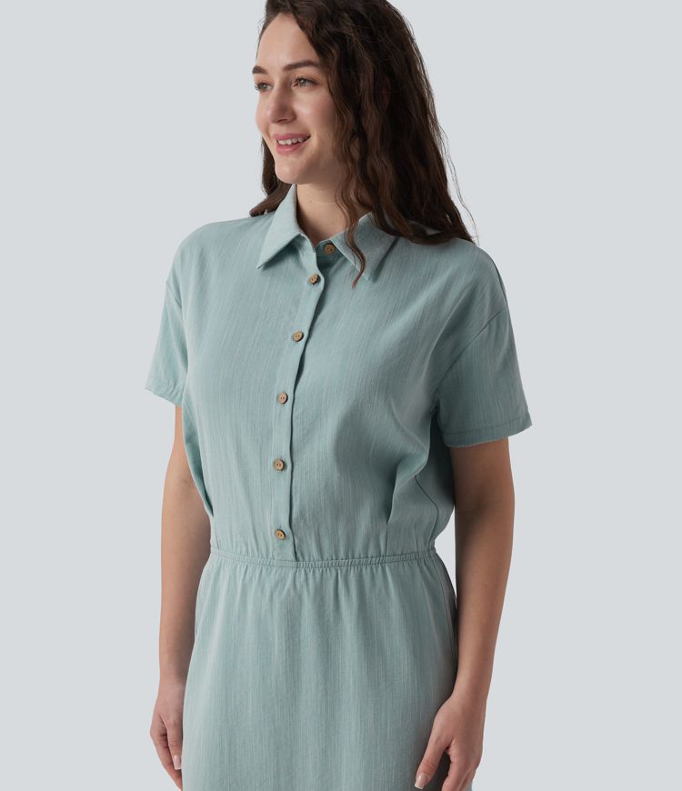 Short Sleeve 2-Piece Midi Work Linen-Feel Shirt Dress