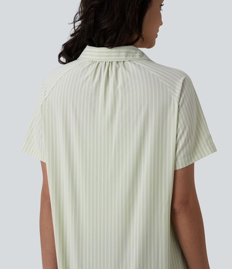 Collar Short Sleeve Stripes Print Midi Casual Shirt Dress with Pockets