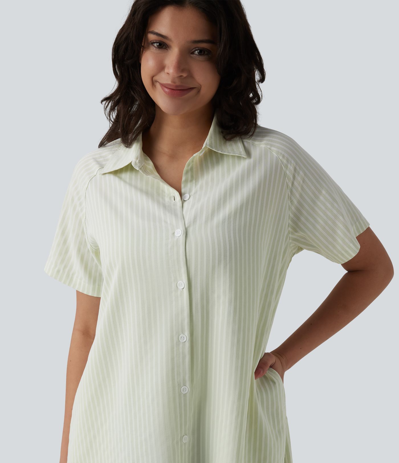 Collar Short Sleeve Stripes Print Midi Casual Shirt Dress with Pockets