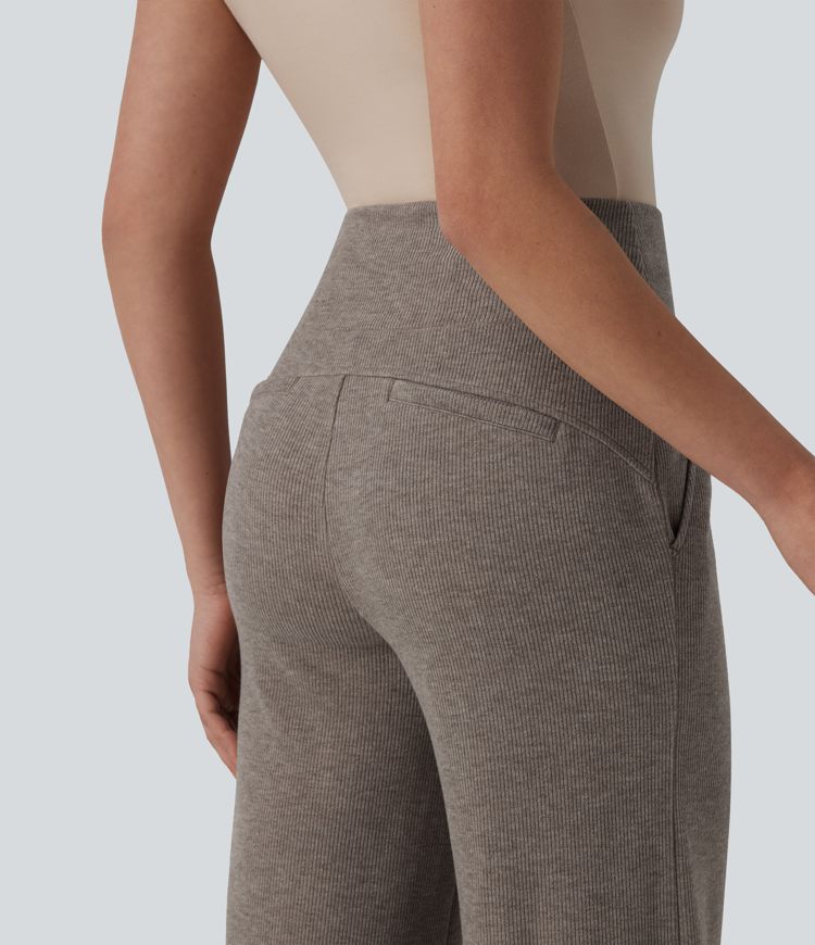 Ribbed Knit High Waisted Drawstring Tummy Control Casual Bootcut Pants with Pockets