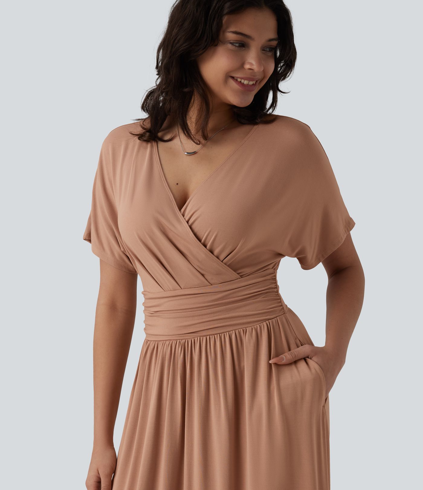 Deep V Neck Short Sleeve A Line Maxi Casual Flowy Dress with Pockets