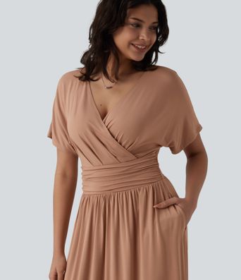 Deep V Neck Short Sleeve A Line Maxi Casual Flowy Dress with Pockets