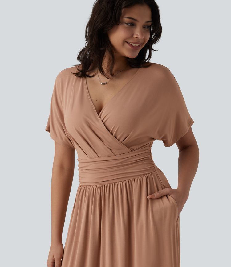 Deep V Neck Short Sleeve A Line Maxi Casual Flowy Dress with Pockets