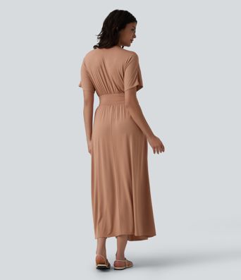 Deep V Neck Short Sleeve A Line Maxi Casual Flowy Dress with Pockets