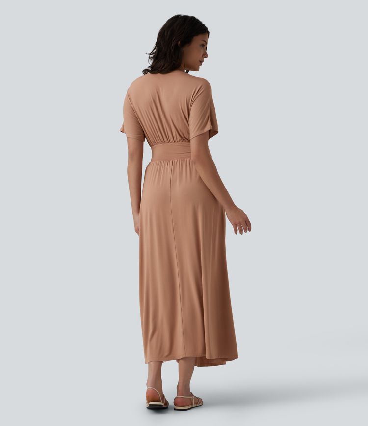 Deep V Neck Short Sleeve A Line Maxi Casual Flowy Dress with Pockets