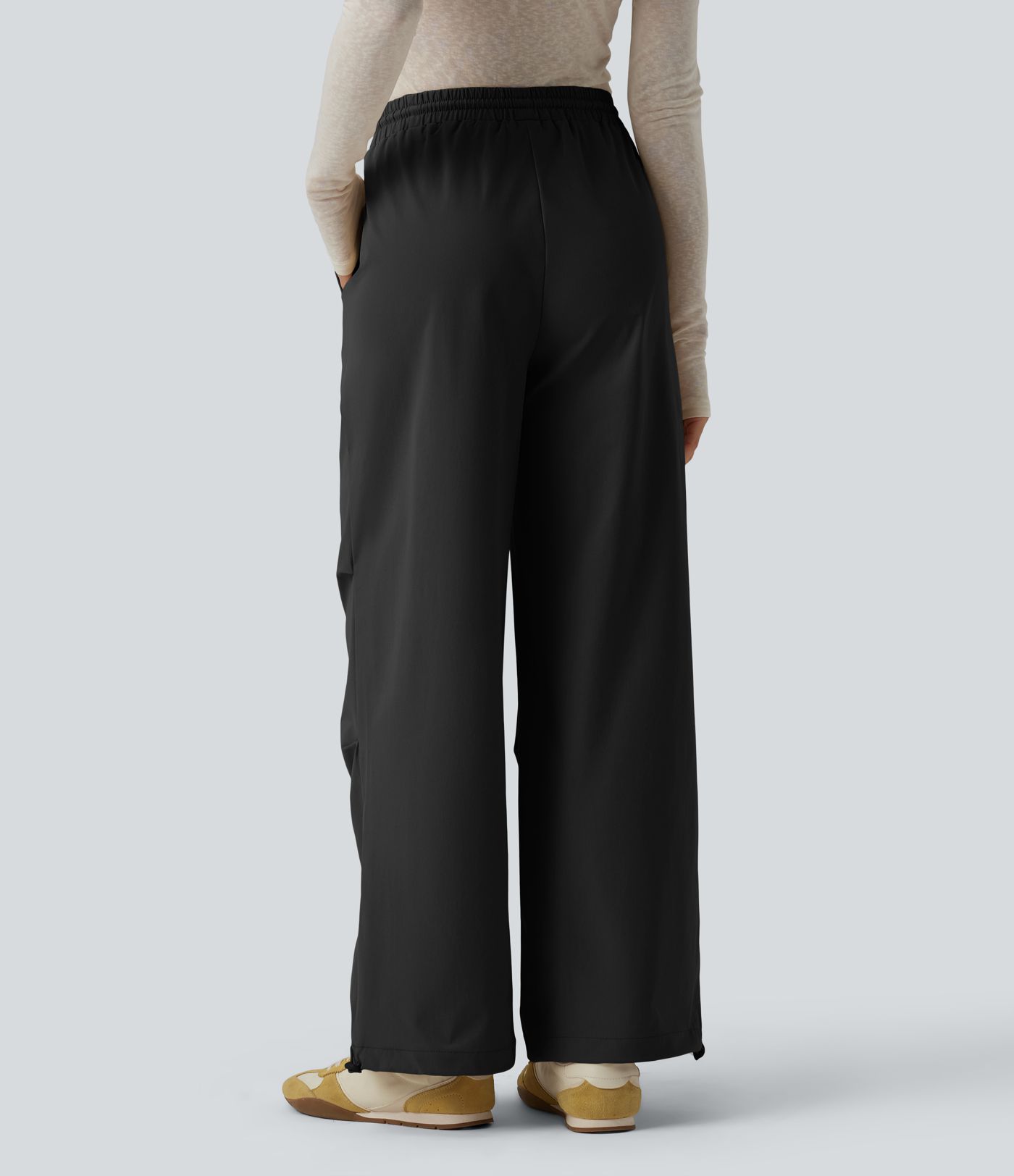Mid Rise Drawstring Ruched Baggy Stretchy Poplin Casual Parachute Trousers with Pockets