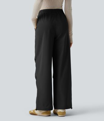Mid Rise Drawstring Ruched Baggy Stretchy Poplin Casual Parachute Trousers with Pockets