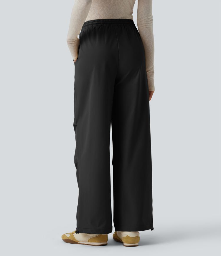 Mid Rise Drawstring Ruched Baggy Stretchy Poplin Casual Parachute Trousers with Pockets