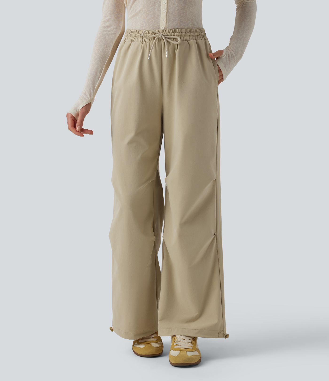 Mid Rise Drawstring Ruched Baggy Stretchy Poplin Casual Parachute Trousers with Pockets