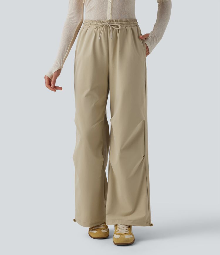 Mid Rise Drawstring Ruched Baggy Stretchy Poplin Casual Parachute Trousers with Pockets