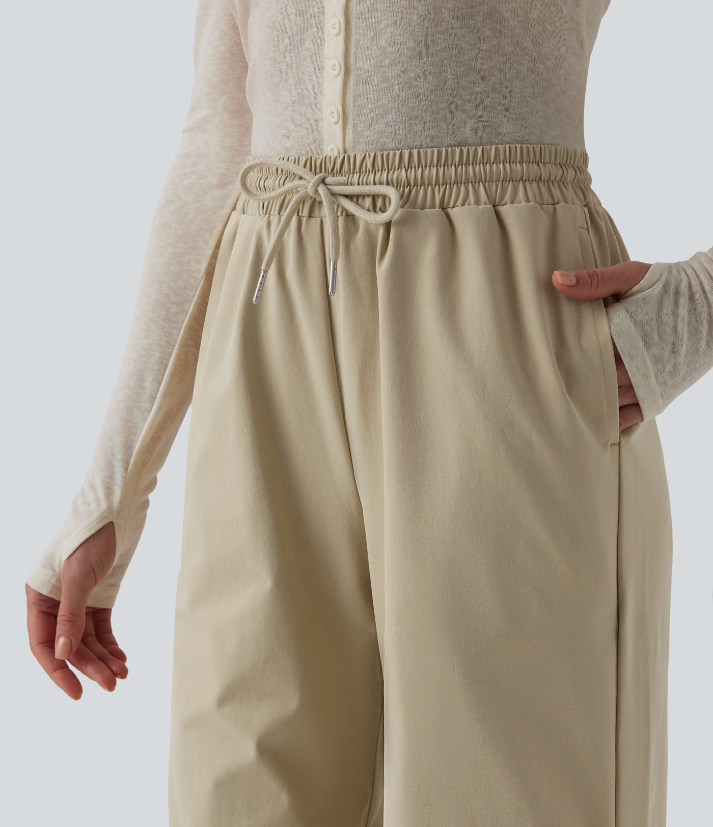 Mid Rise Drawstring Ruched Baggy Stretchy Poplin Casual Parachute Trousers with Pockets