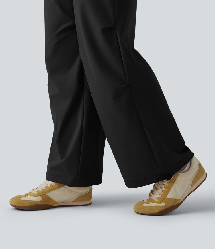 Mid Rise Drawstring Ruched Baggy Stretchy Poplin Casual Parachute Trousers with Pockets