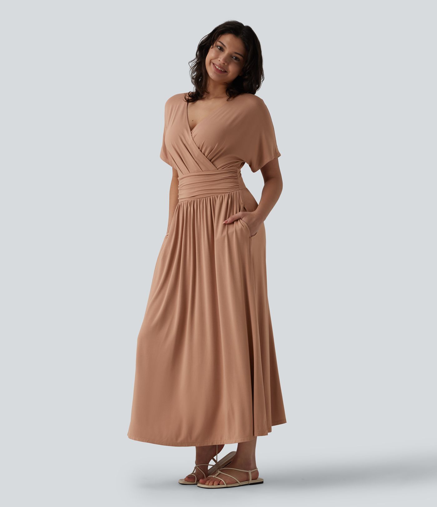 Deep V Neck Short Sleeve A Line Maxi Casual Flowy Dress with Pockets