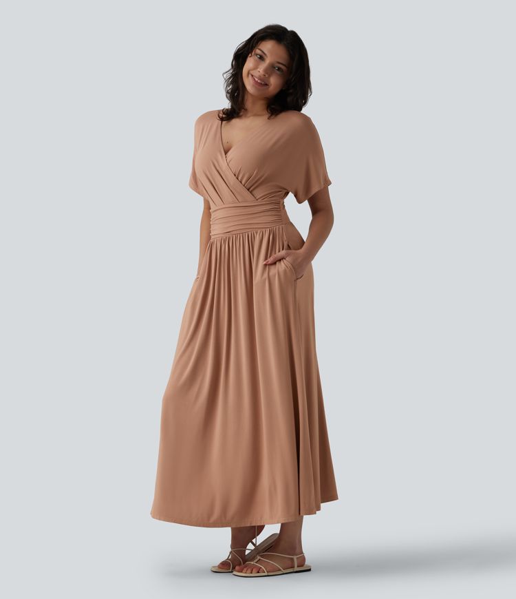 Deep V Neck Short Sleeve A Line Maxi Casual Flowy Dress with Pockets