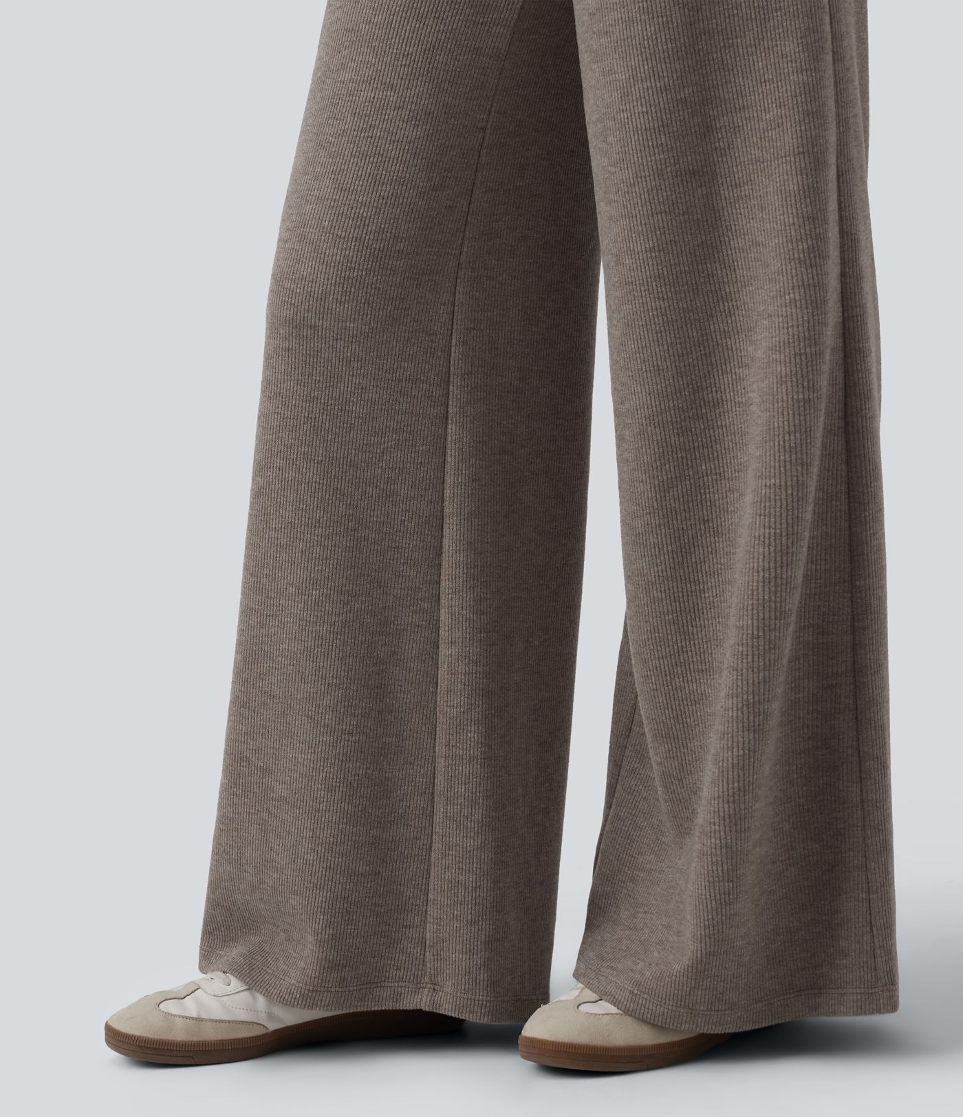 Ribbed Knit High Waisted Drawstring Tummy Control Casual Bootcut Pants with Pockets