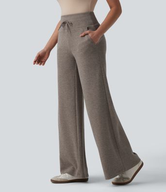 Ribbed Knit High Waisted Drawstring Tummy Control Casual Bootcut Pants with Pockets