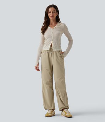 Mid Rise Drawstring Ruched Baggy Stretchy Poplin Casual Parachute Trousers with Pockets