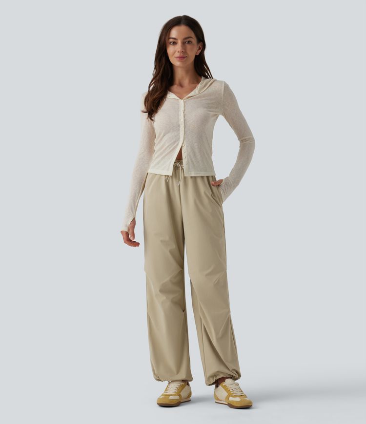 Mid Rise Drawstring Ruched Baggy Stretchy Poplin Casual Parachute Trousers with Pockets