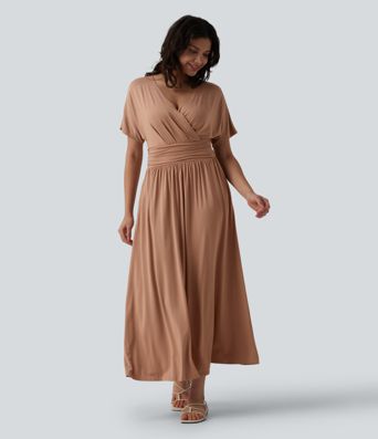 Deep V Neck Short Sleeve A Line Maxi Casual Flowy Dress with Pockets