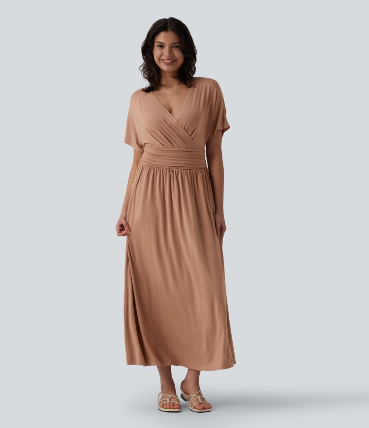 Deep V Neck Short Sleeve A Line Maxi Casual Flowy Dress with Pockets