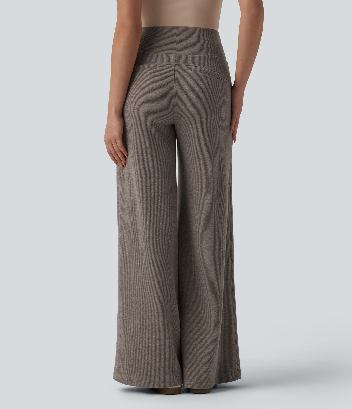 Ribbed Knit High Waisted Drawstring Tummy Control Casual Bootcut Pants with Pockets