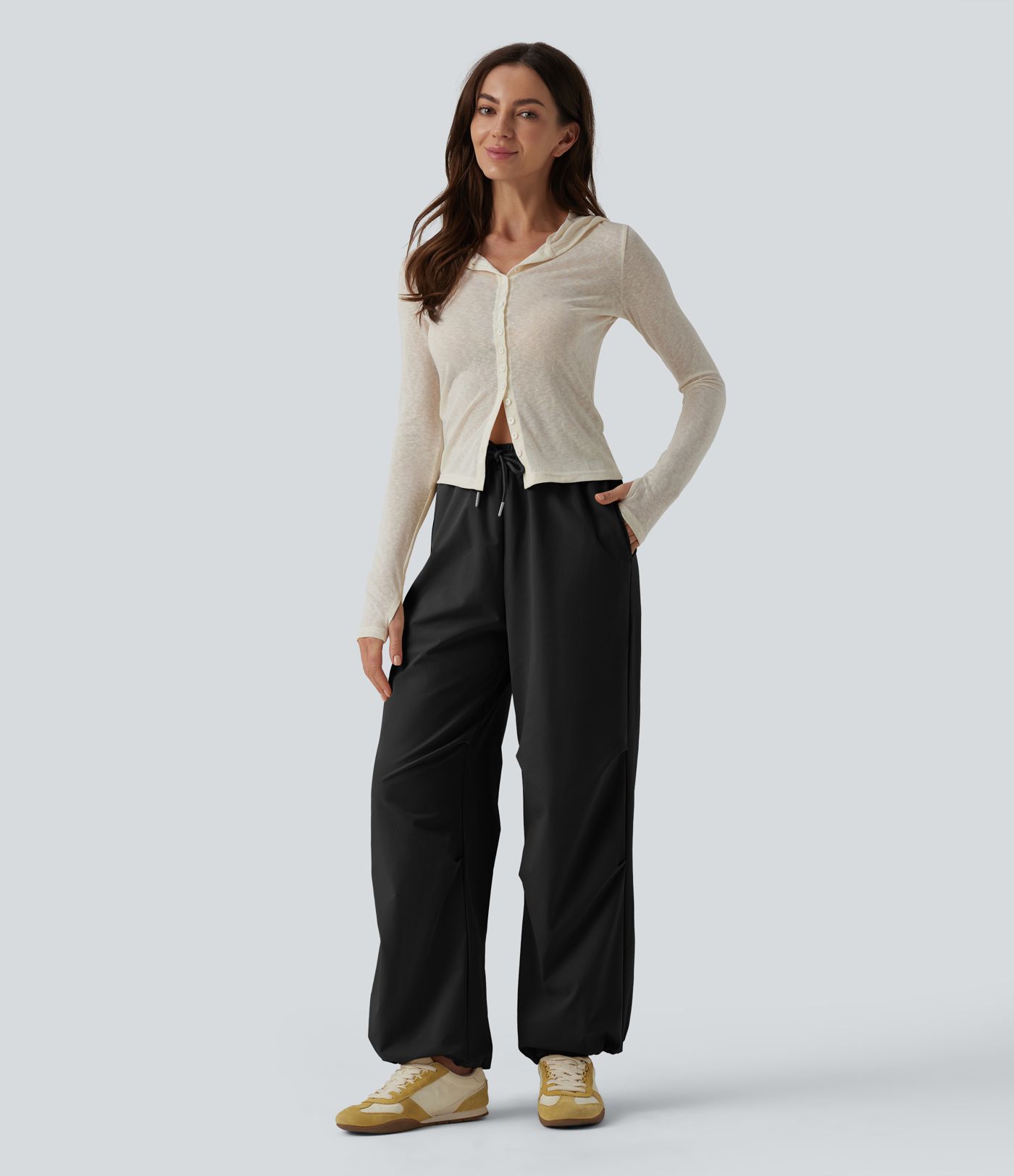 Mid Rise Drawstring Ruched Baggy Stretchy Poplin Casual Parachute Trousers with Pockets