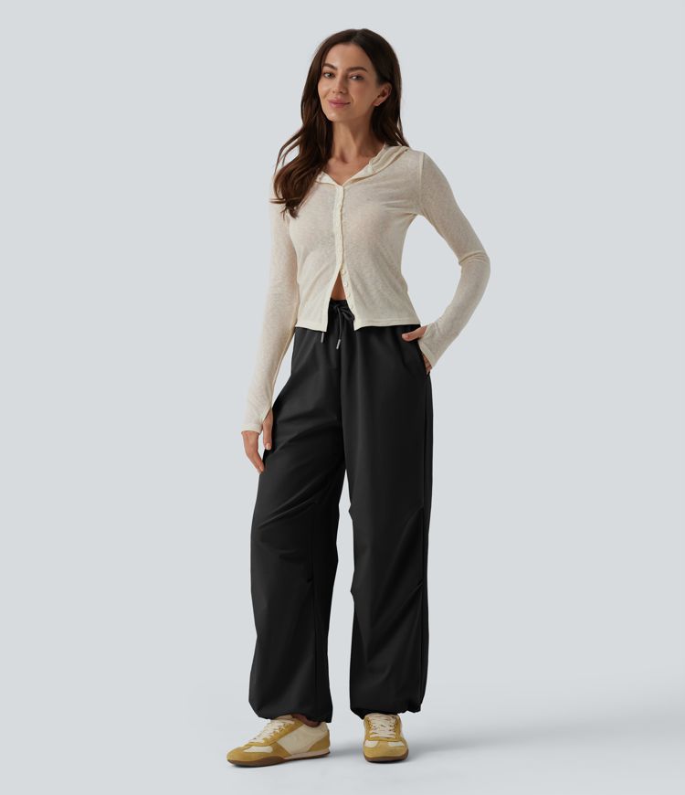 Mid Rise Drawstring Ruched Baggy Stretchy Poplin Casual Parachute Trousers with Pockets
