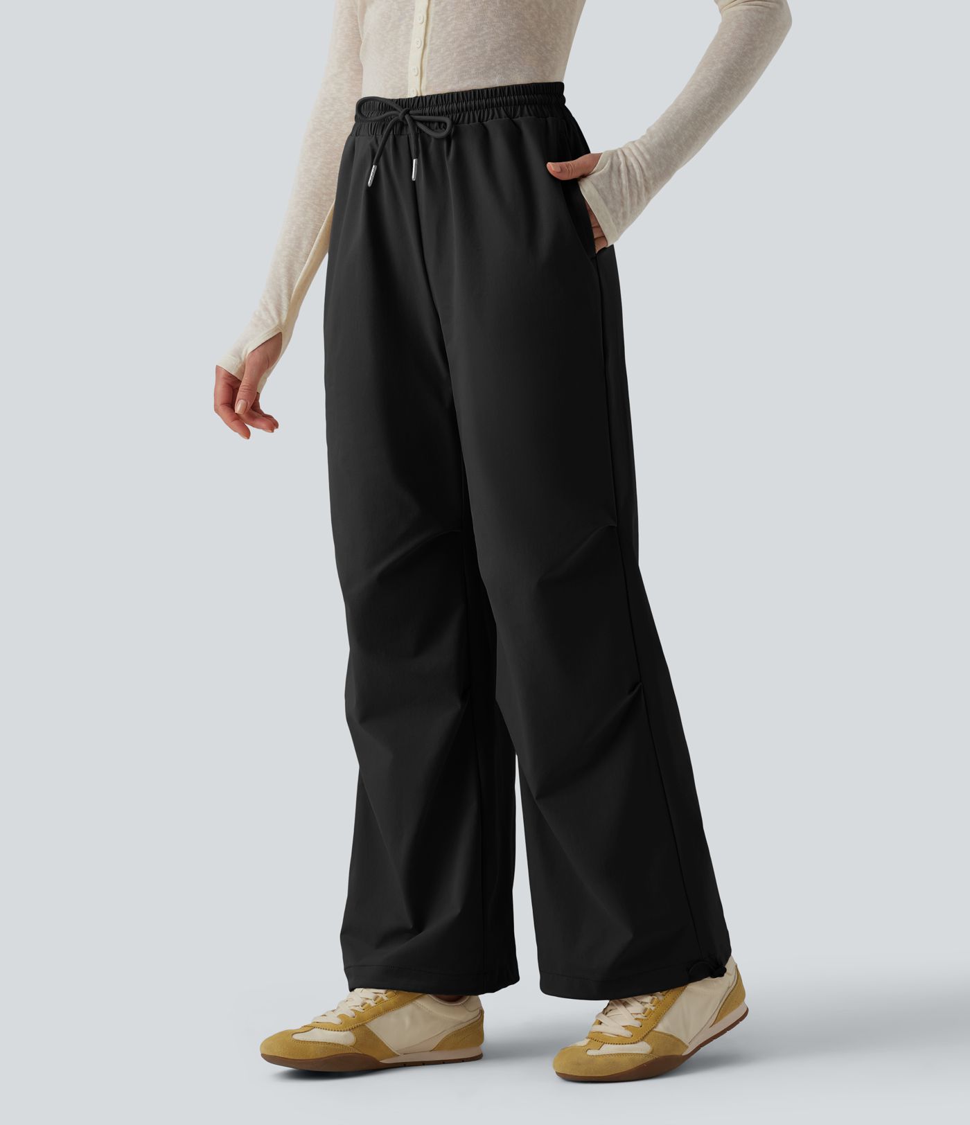 Mid Rise Drawstring Ruched Baggy Stretchy Poplin Casual Parachute Trousers with Pockets