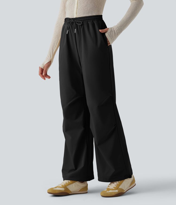 Mid Rise Drawstring Ruched Baggy Stretchy Poplin Casual Parachute Trousers with Pockets