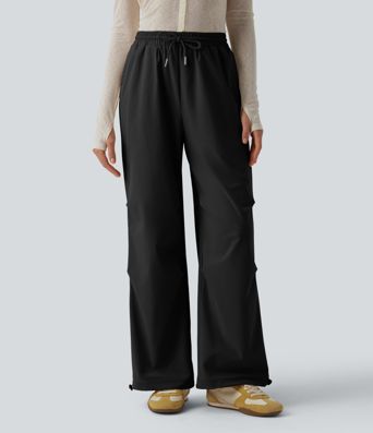 Mid Rise Drawstring Ruched Baggy Stretchy Poplin Casual Parachute Trousers with Pockets