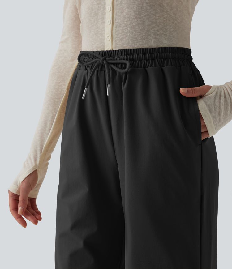 Mid Rise Drawstring Ruched Baggy Stretchy Poplin Casual Parachute Trousers with Pockets