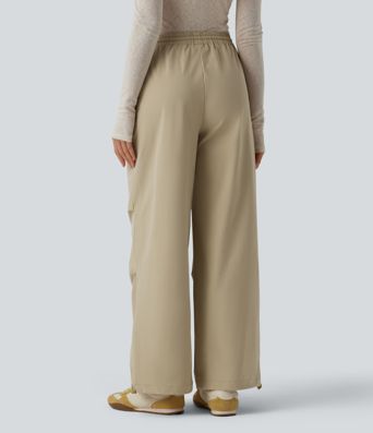 Mid Rise Drawstring Ruched Baggy Stretchy Poplin Casual Parachute Trousers with Pockets