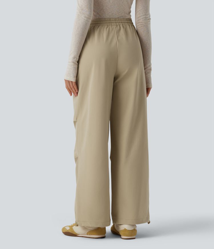 Mid Rise Drawstring Ruched Baggy Stretchy Poplin Casual Parachute Trousers with Pockets